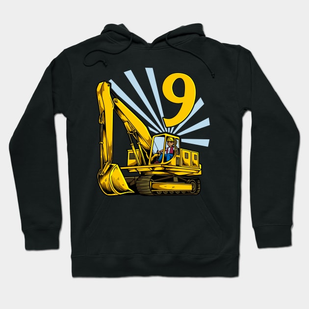 Excavator 9 year old birthday Hoodie by Modern Medieval Design